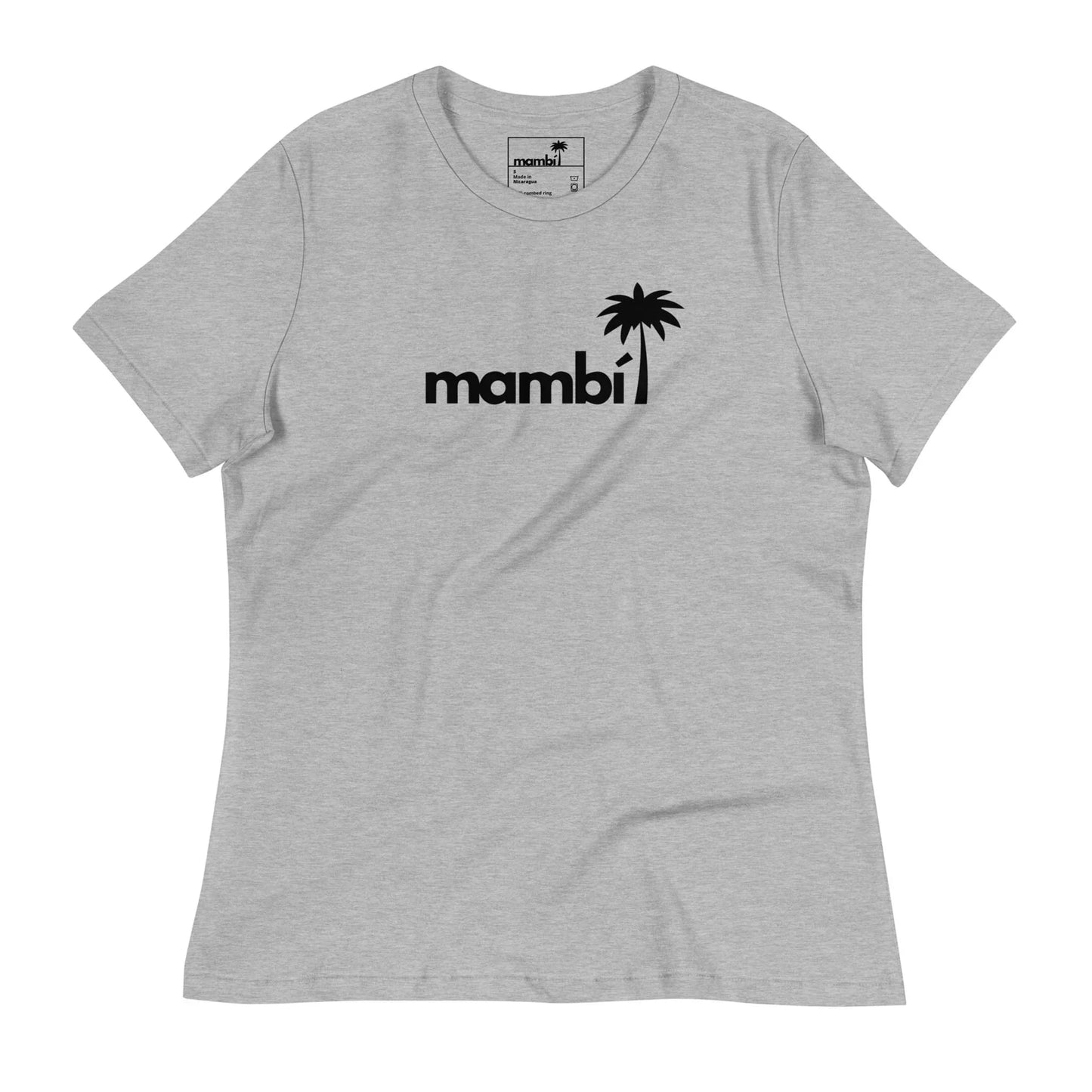 Light gray Mambí T-shirt with the word in bold black letters across the chest; the accent on the i is creatively styled as a black silhouette of a palm tree.