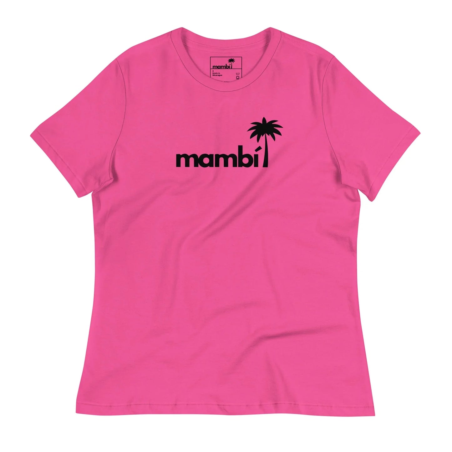 A bright pink T-shirt featuring the word Mambí in bold black lowercase letters with a black palm tree graphic above the letter i on the chest.