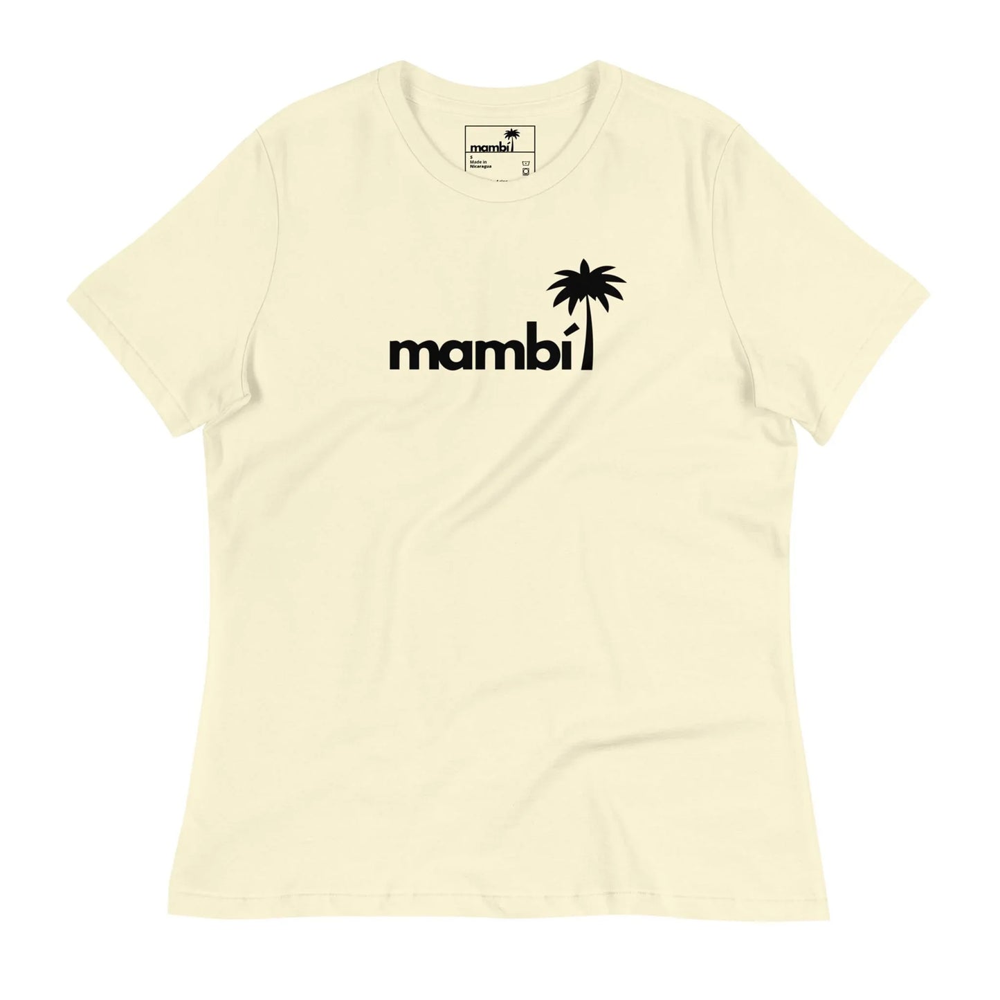 Off-white t-shirt featuring the word Mambí in black lowercase letters, with the letter i stylized as a palm tree, centered on the chest.