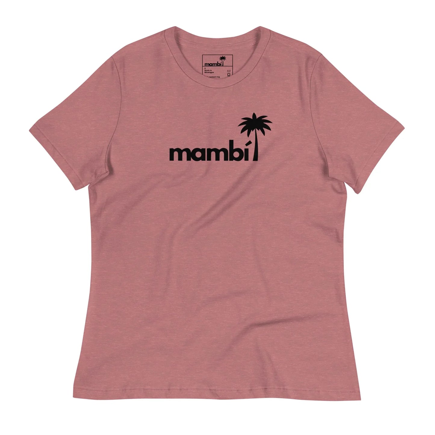 A rose-colored t-shirt featuring the word Mambí in bold black lowercase letters, with a black silhouette of a palm tree replacing the letter i on the front.