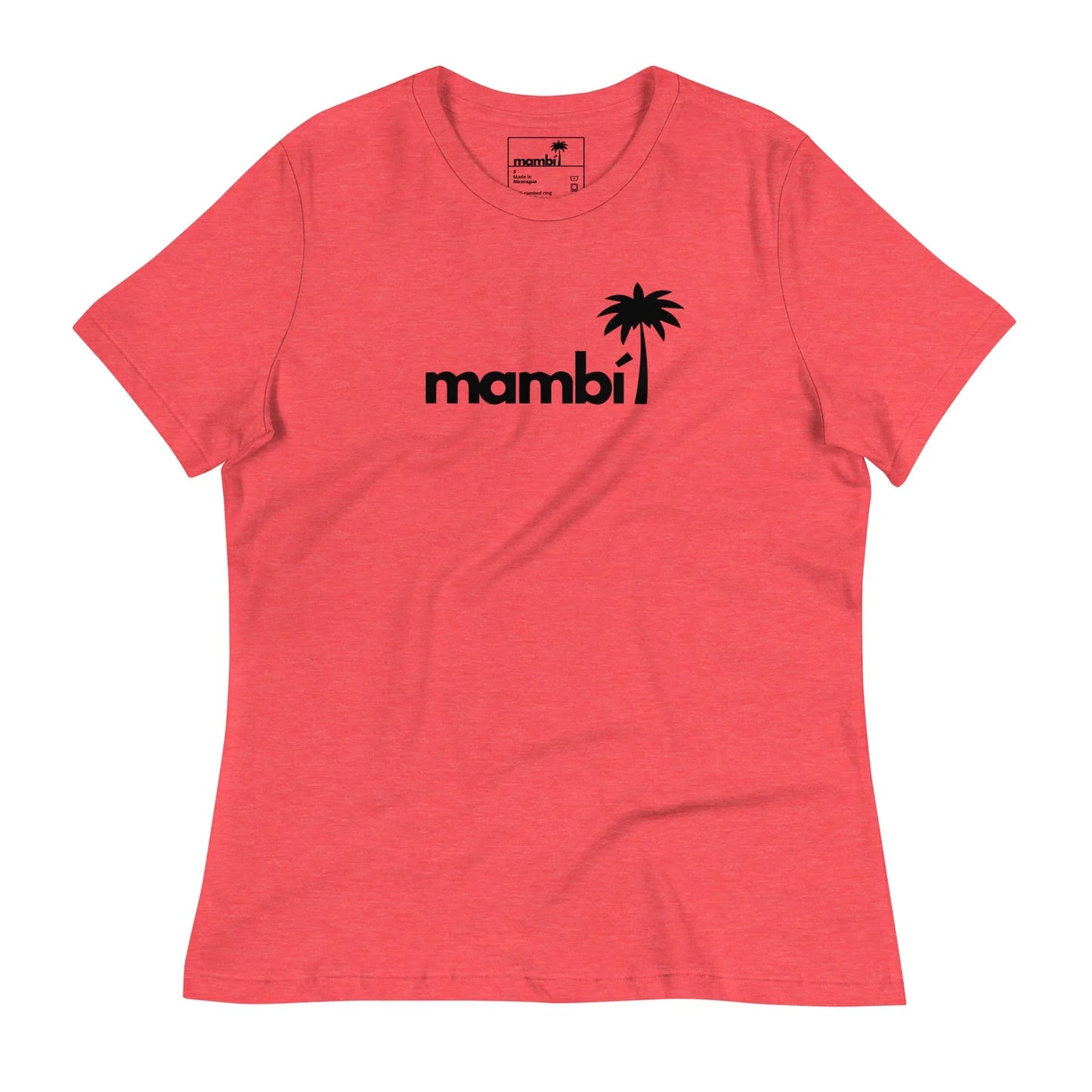 A pink short-sleeve t-shirt featuring the word Mambí in black lowercase letters across the chest, with a black silhouette of a palm tree above the letter i.