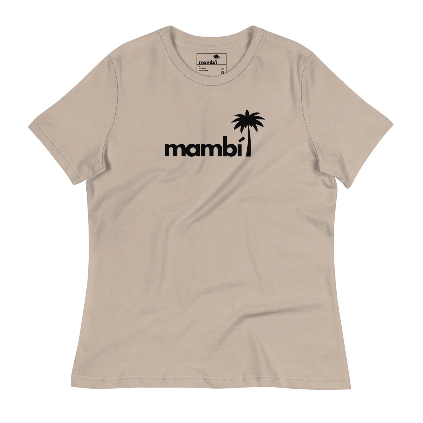 Beige t-shirt featuring the word Mambí in bold black lowercase letters across the chest, with a black palm tree replacing the dot above the i.
