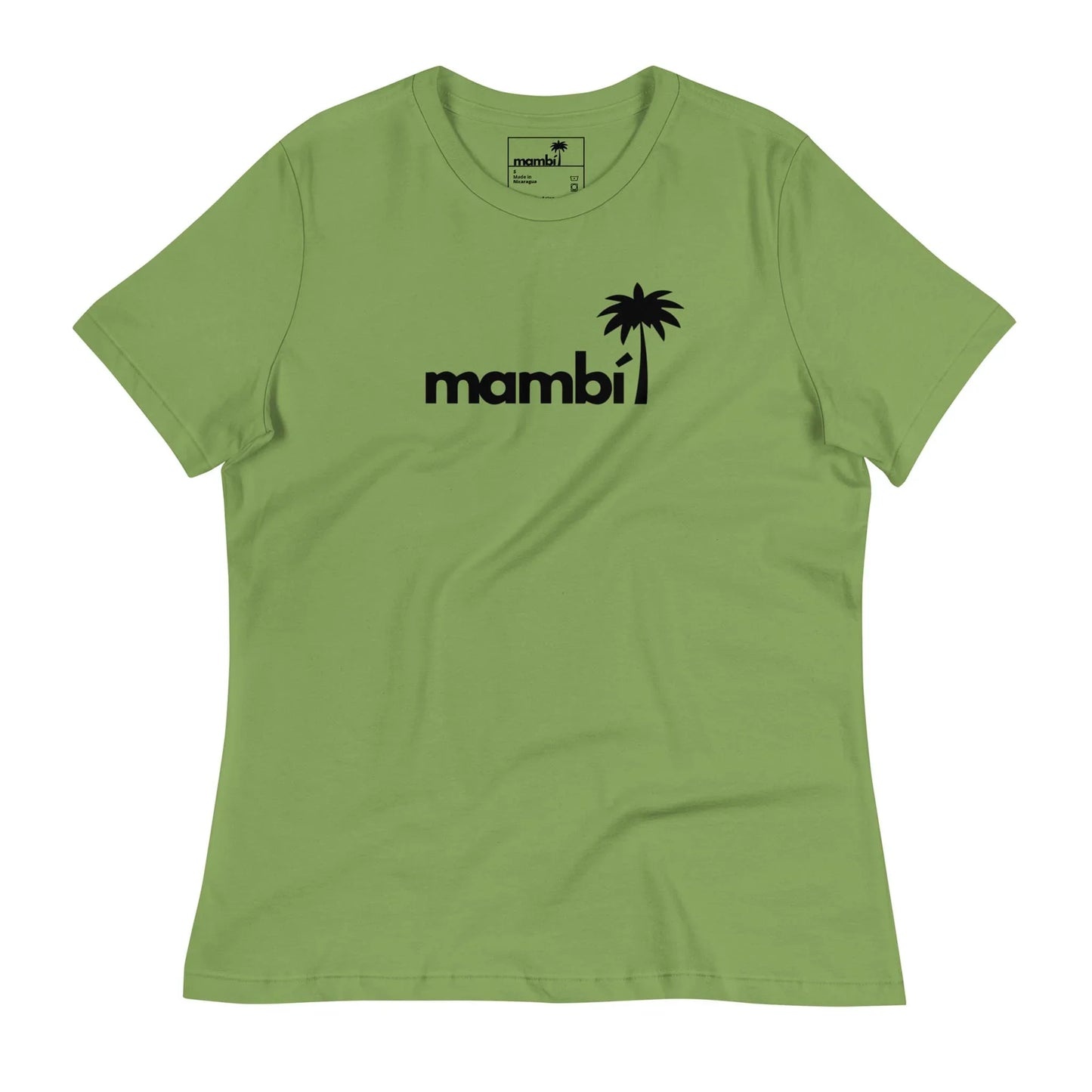 Light green t-shirt featuring the word Mambí in bold black lowercase letters on the front, with a small black palm tree graphic replacing the dot over the “i.”.