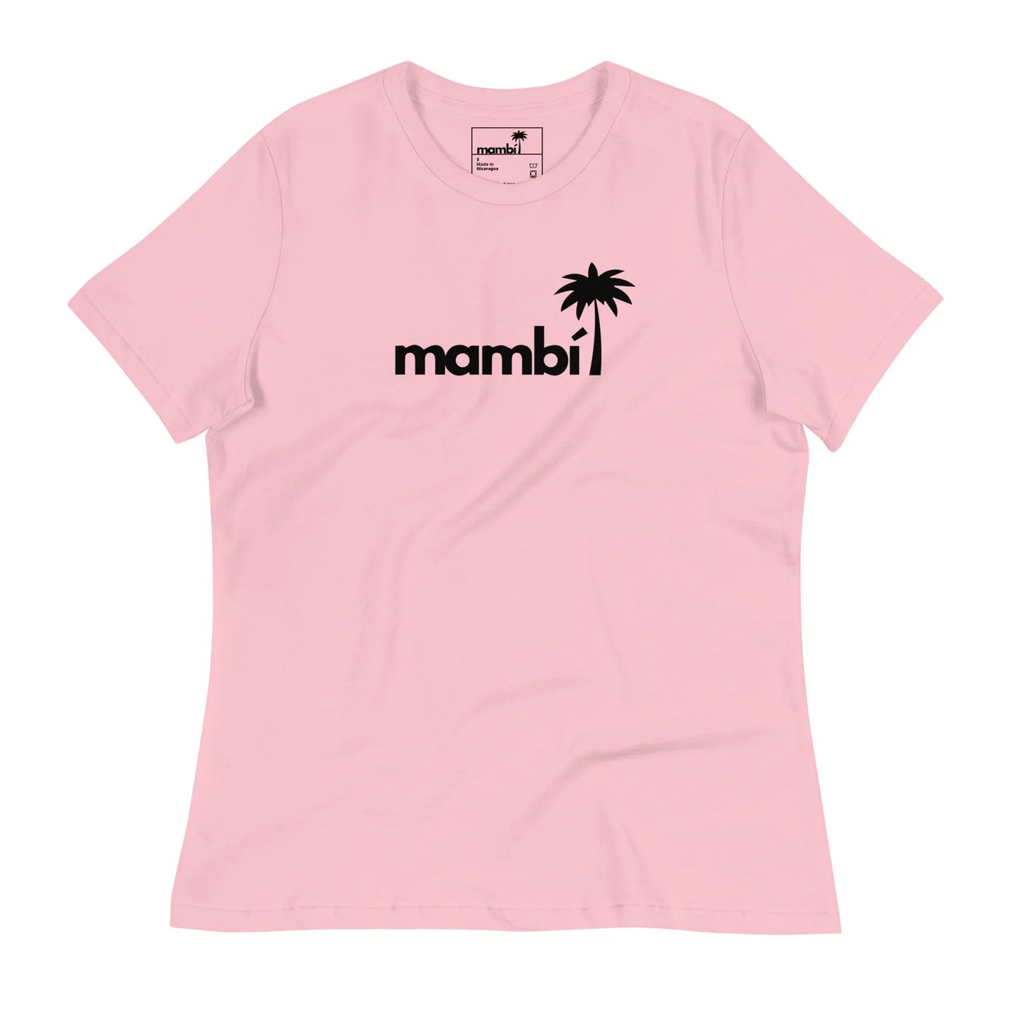 A light pink t-shirt featuring the word Mambí in bold black letters on the front, with the letter “i” topped by a black palm tree silhouette instead of a dot.