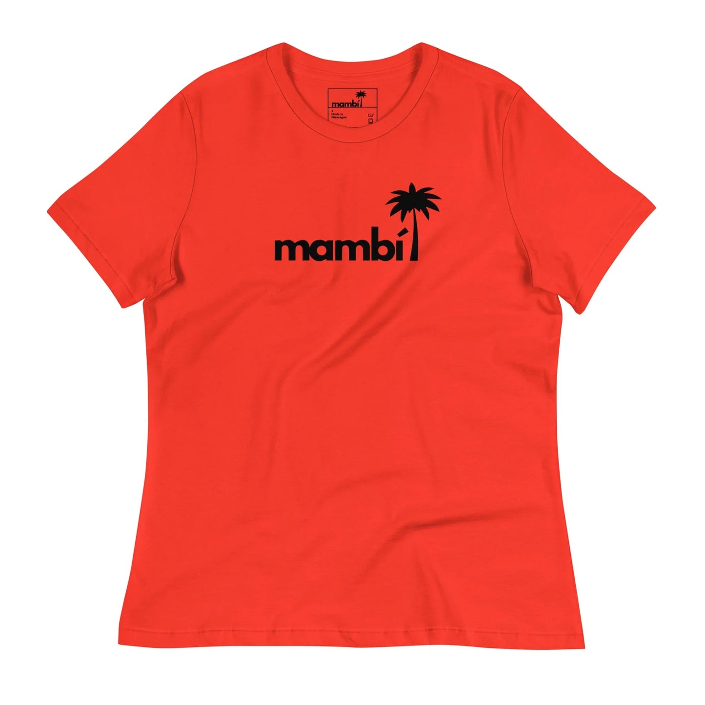 Bright red short-sleeve t-shirt featuring the word Mambí in bold black letters, with a palm tree forming the dot over the letter i, centered on the chest.