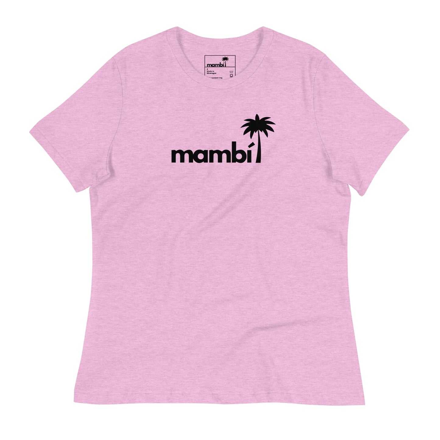 A light pink t-shirt featuring the word Mambí in black lowercase letters, with a black silhouette of a palm tree forming the dot above the letter i.