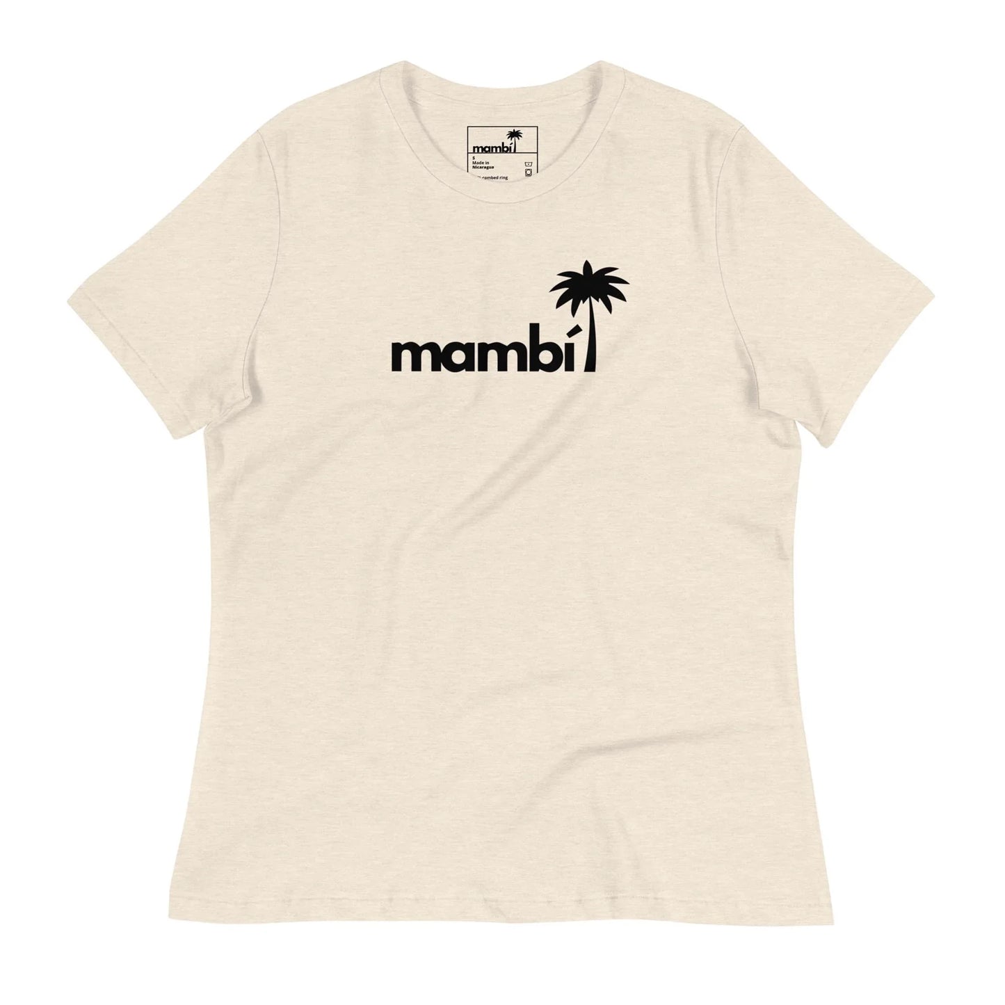 Off-white t-shirt featuring the word Mambí in bold black lowercase letters, with a palm tree silhouette replacing the dot on the i.