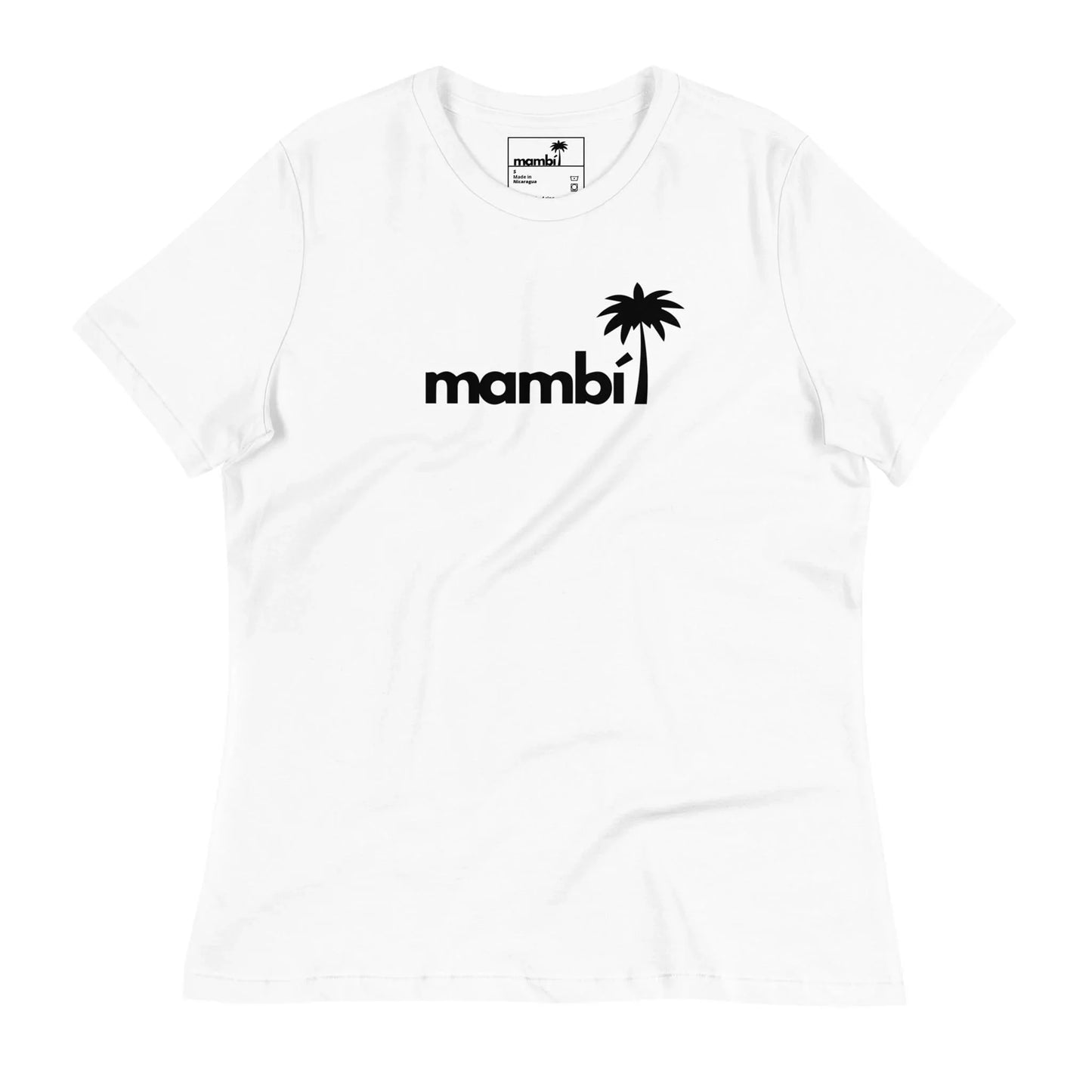 White t-shirt featuring the word Mambí in bold black lowercase letters on the front, with the letter i styled as a palm tree.