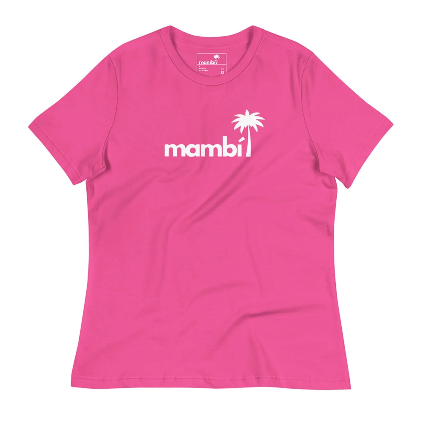 The Abigail Relaxed-Fit Logo Tee by Printful is a bright pink womens t-shirt with a bold white mambi logo and palm tree graphic on the chest—crafted for unbeatable comfort and standout style.