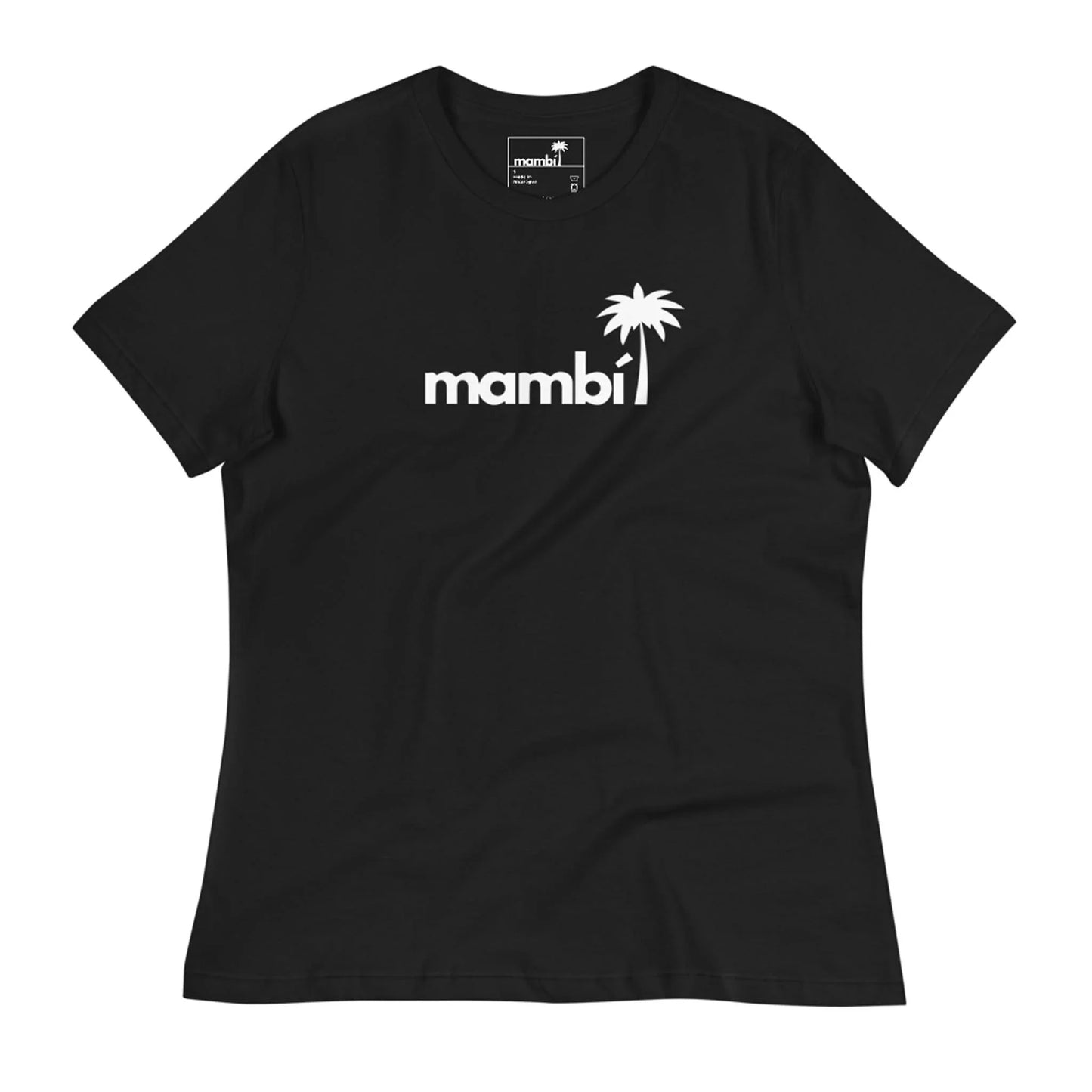 The Abigail Relaxed-Fit Logo Tee by Printful is a black women’s short-sleeve t-shirt with mambi in white lowercase letters and a palm tree above the “i.” This ultra-soft tee blends comfort and style perfectly.