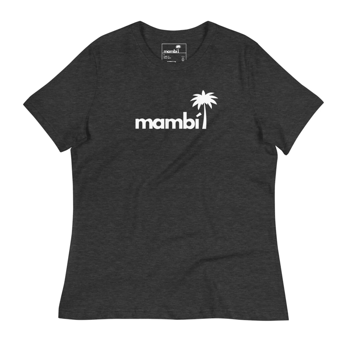 The Abigail Relaxed-Fit Logo Tee by Printful features a dark gray, short-sleeve design with “mambi” in white lowercase and a palm tree above the i—a super soft, comfortable t-shirt for women with a white logo on the chest.