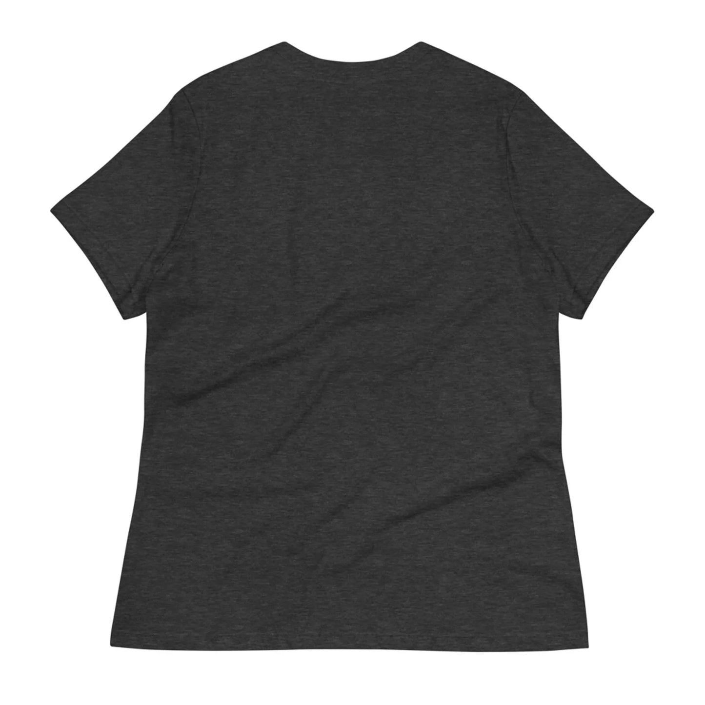 Back view of women's relaxed fit dark grey heather t-shirt on white background