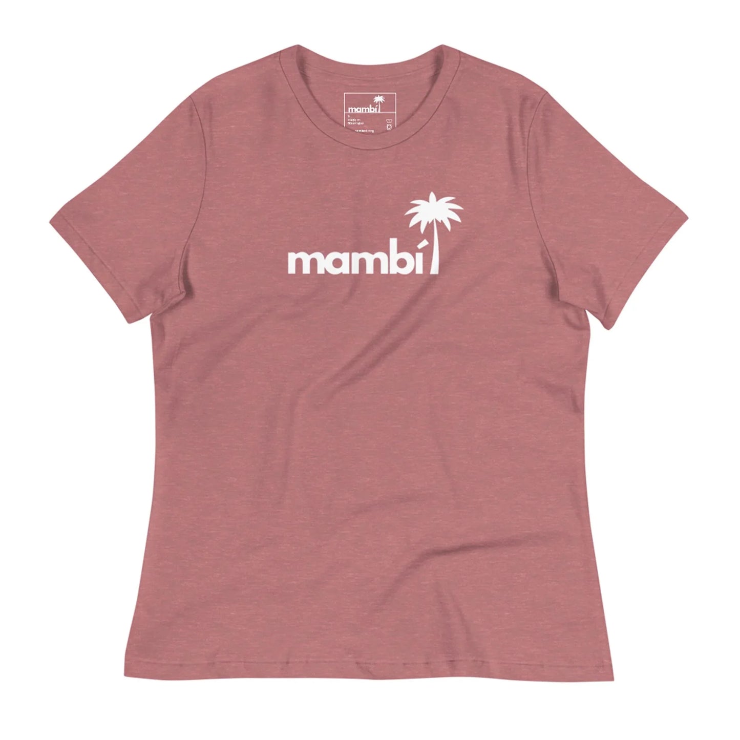 The Abigail Relaxed-Fit Logo Tee by Printful features a dusty rose color, white mambi logo with palm tree graphic, short sleeves, relaxed fit, and ultra-soft fabric—making it one of the softest womens t-shirts youll want to own.
