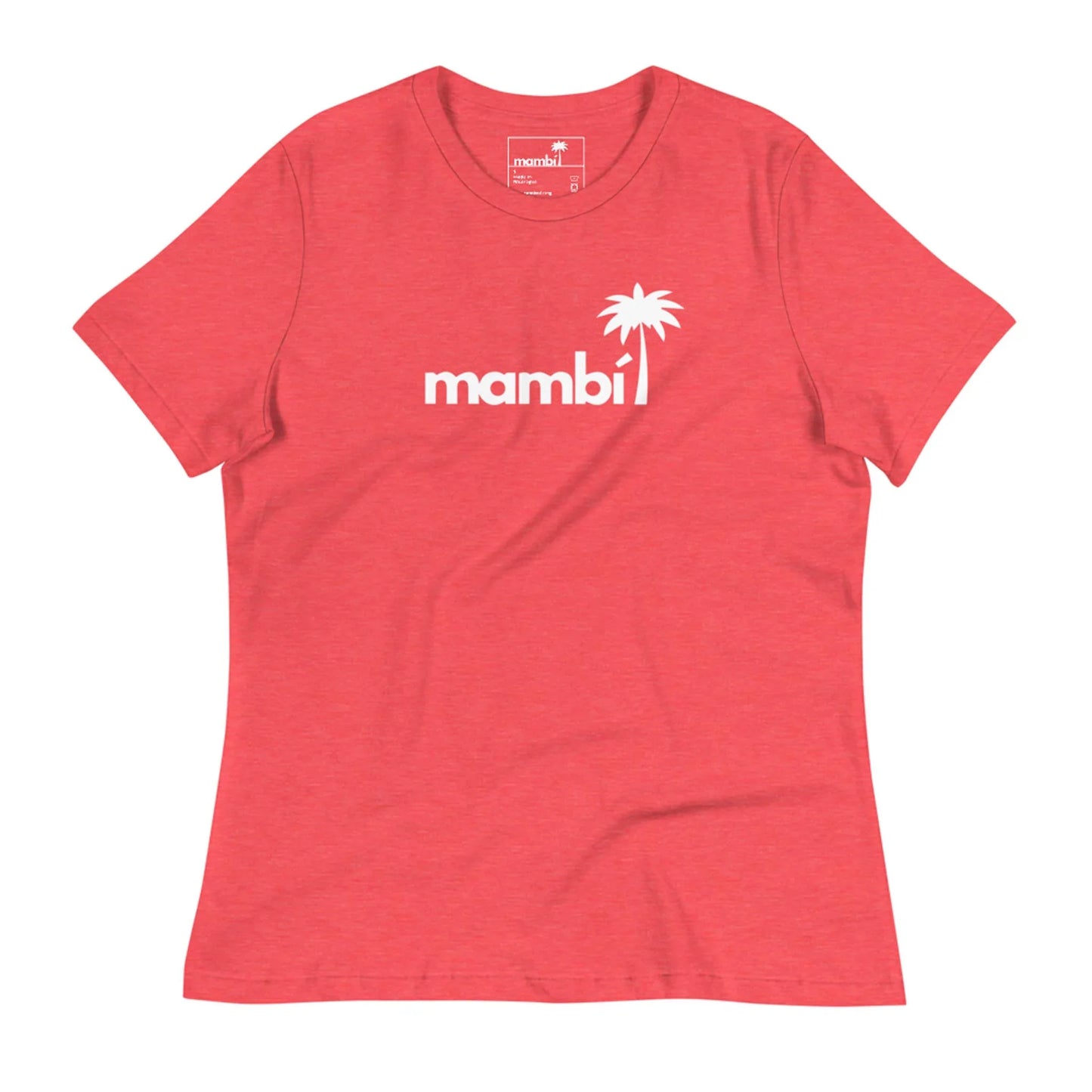 The Abigail Relaxed-Fit Logo Tee by Printful is a red women’s short-sleeve t-shirt with a white “mambi” logo and palm tree icon—one of our softest tees, designed for style and comfort.