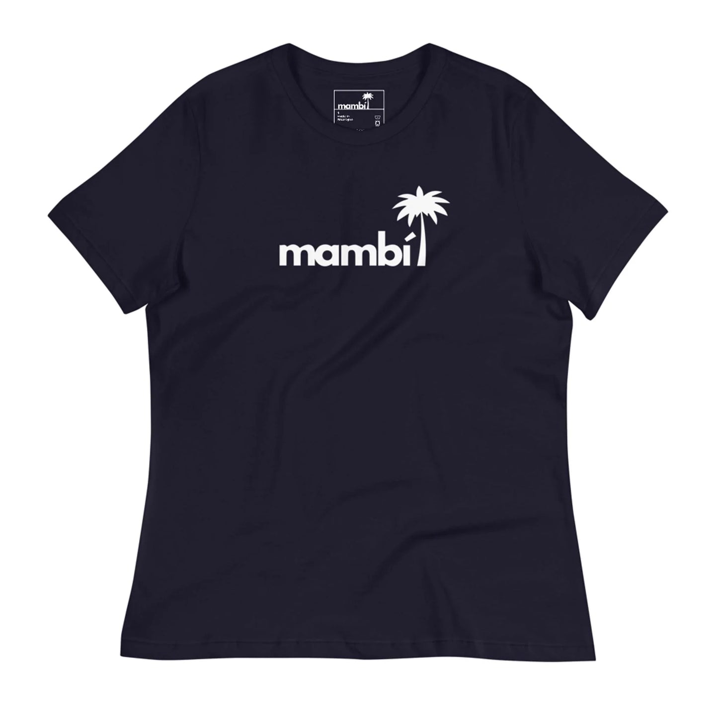 The Abigail Relaxed-Fit Logo Tee by Printful features mambi in white lowercase letters with a palm tree graphic over the i—one of the softest black t-shirts youll own.