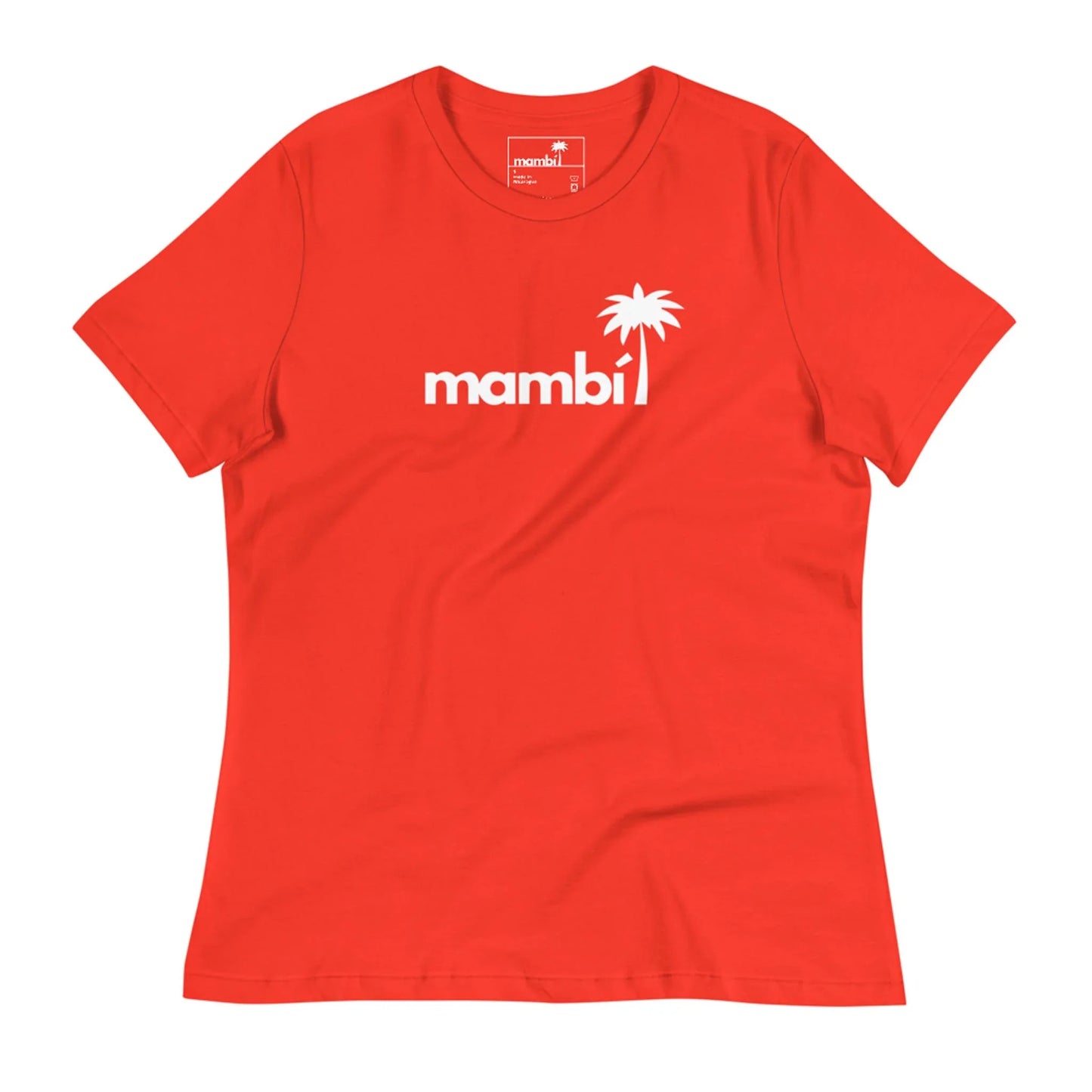 The Abigail Relaxed-Fit Logo Tee by Printful features bold white mambi lettering with a palm tree graphic above the i. This bright red womens t-shirt feels soft and offers all-day comfort.
