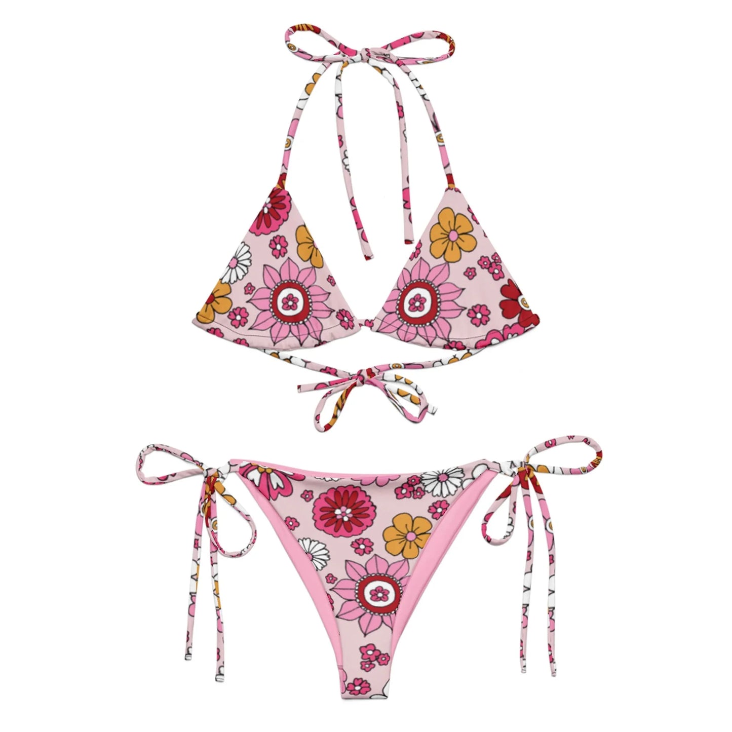 The Adriana String Bikini Swimsuit by Printful features a pink, floral pattern in red, yellow, and white. This women’s set includes a triangle top and side-tie bottoms made from recycled polyester with UPF 50+ protection.