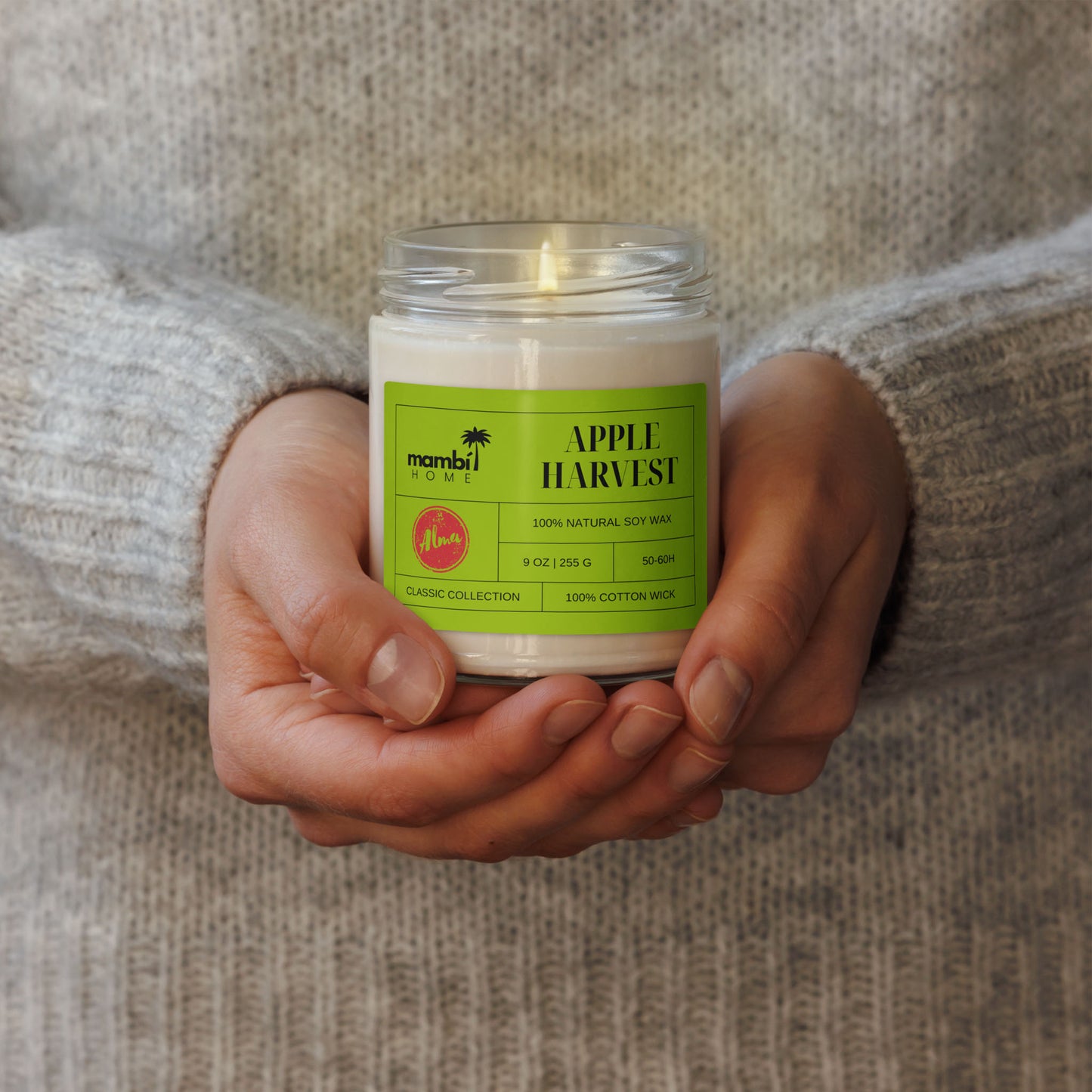 A person wearing a light gray sweater is holding an Apple Harvest jar candle from Mambi Home. The green label highlights its natural soy wax, perfect for those who love eco-friendly candles and enjoy refreshing, nature-inspired scents.