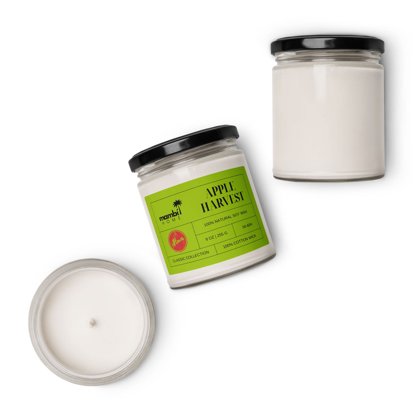 Three white scented soy candles in clear glass jars are displayed against a white background. One jar, labeled Apple Harvest with a green label, stands beside two unlabeled eco-friendly candles—one with its lid on, the other off.