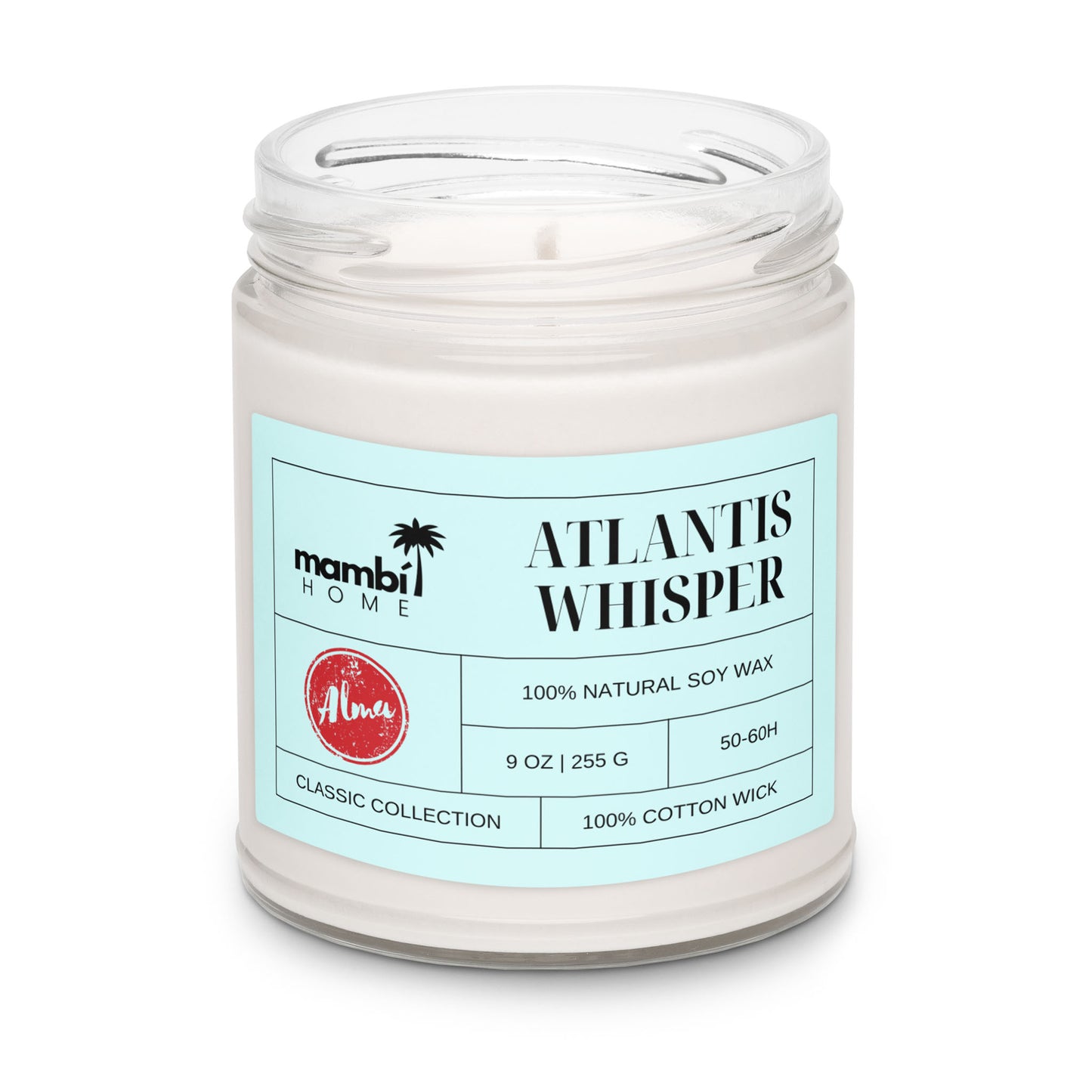A glass jar candle labeled Atlantis Whisper by mambi HOME, featuring a light blue label with a palm tree logo. This scented soy candle offers 100% natural soy wax, 9 oz (255g), a cotton wick, and an impressive 50-60h burn time.