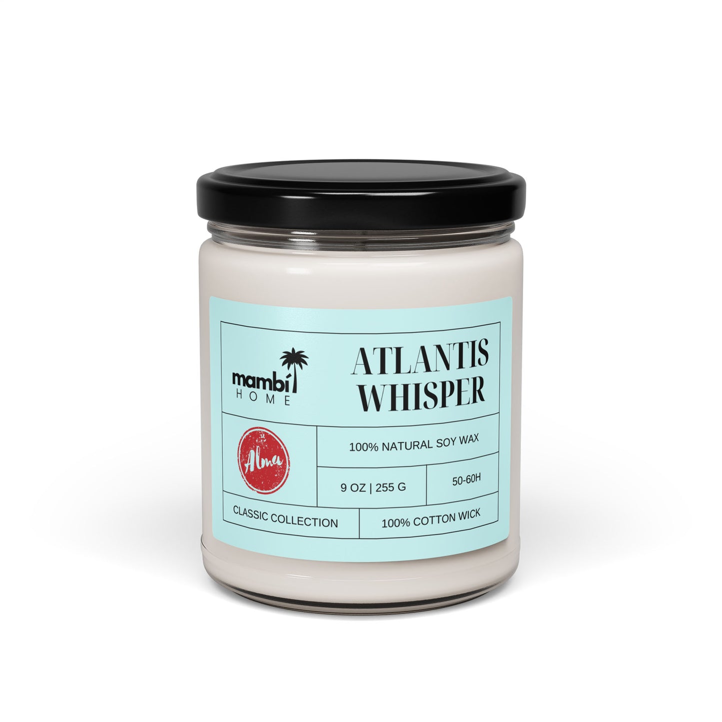A glass jar candle with a black lid labeled Atlantis Whisper by Mambi Home. This scented soy candle features 100% natural soy wax, 9 oz, 50-60 hours long burn time, classic collection, and a 100% cotton wick.