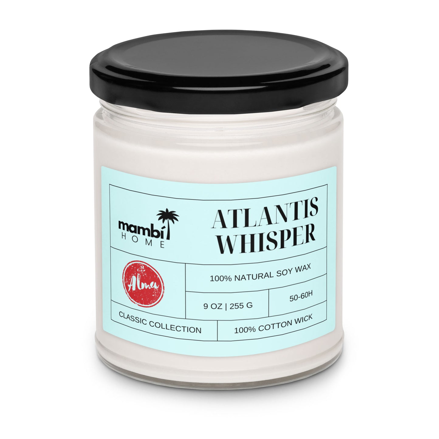 A glass jar candle with a black lid, labeled “Atlantis Whisper” from mambi home. This natural soy wax candle offers 50-60 hours of burn time and a cotton wick—part of the Classic Collection for those who love long burn time candles.