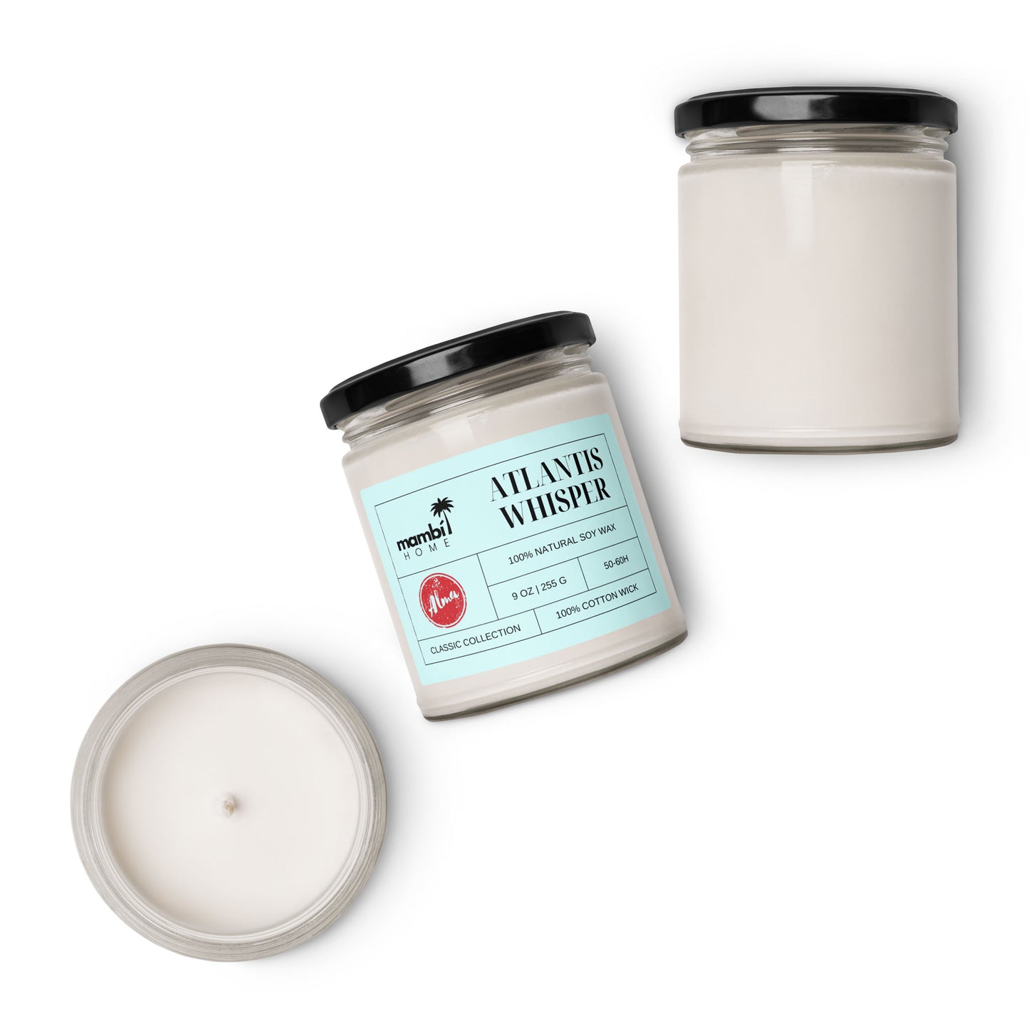 Three white scented soy candles in clear glass jars with black lids, one lying on its side showing a label that reads ATLANTIS WHISPER, while the other two are upright, one open and one closed.