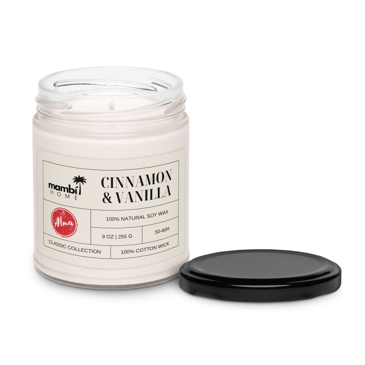 A glass jar candle labeled “Cinnamon & Vanilla” with a black lid beside it. This scented soy candle features natural soy wax, a 100% cotton wick, 9 oz size, and offers a long lasting fragrance for 50-60 hours.