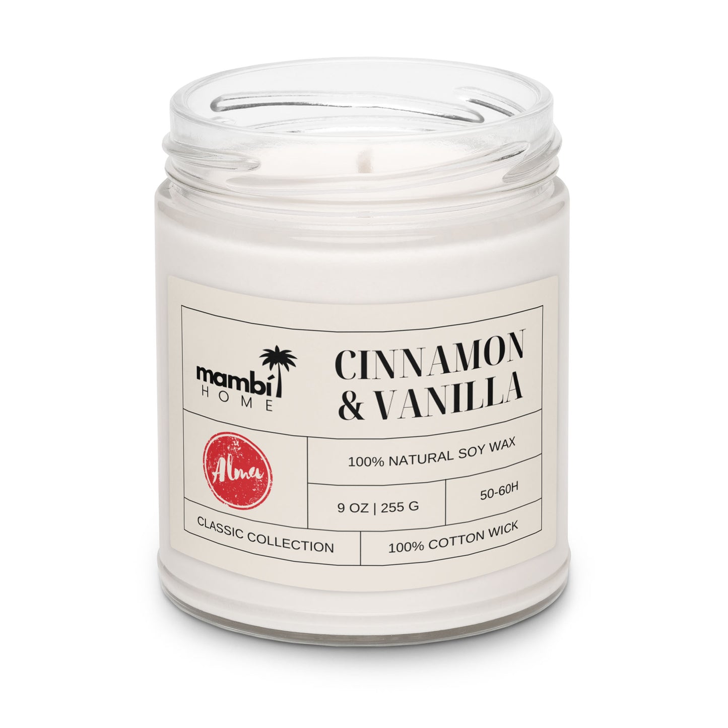 A clear glass jar candle labeled Cinnamon & Vanilla, made with 100% natural soy wax, offers 50–60 hours of burn time and a cotton wick. From mambi HOME’s Alma Classic Collection, these scented soy candles are the perfect eco-friendly choice.
