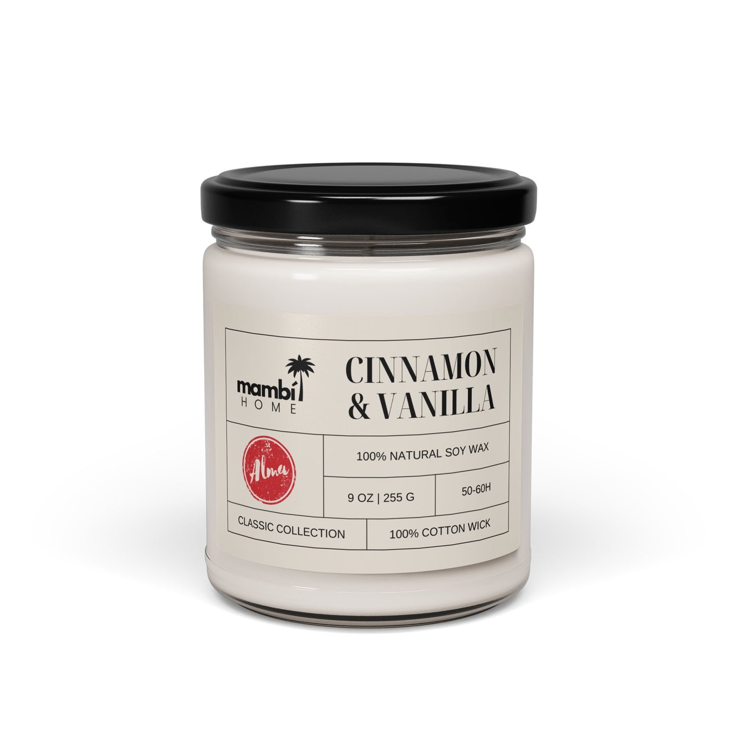 A white scented soy candle in a clear glass jar with a black lid, labeled Cinnamon & Vanilla. The label highlights its 100% natural soy wax, 9 oz size, cotton wick, and Classic Collection by mambi HOME—perfect for those seeking eco-friendly candles.