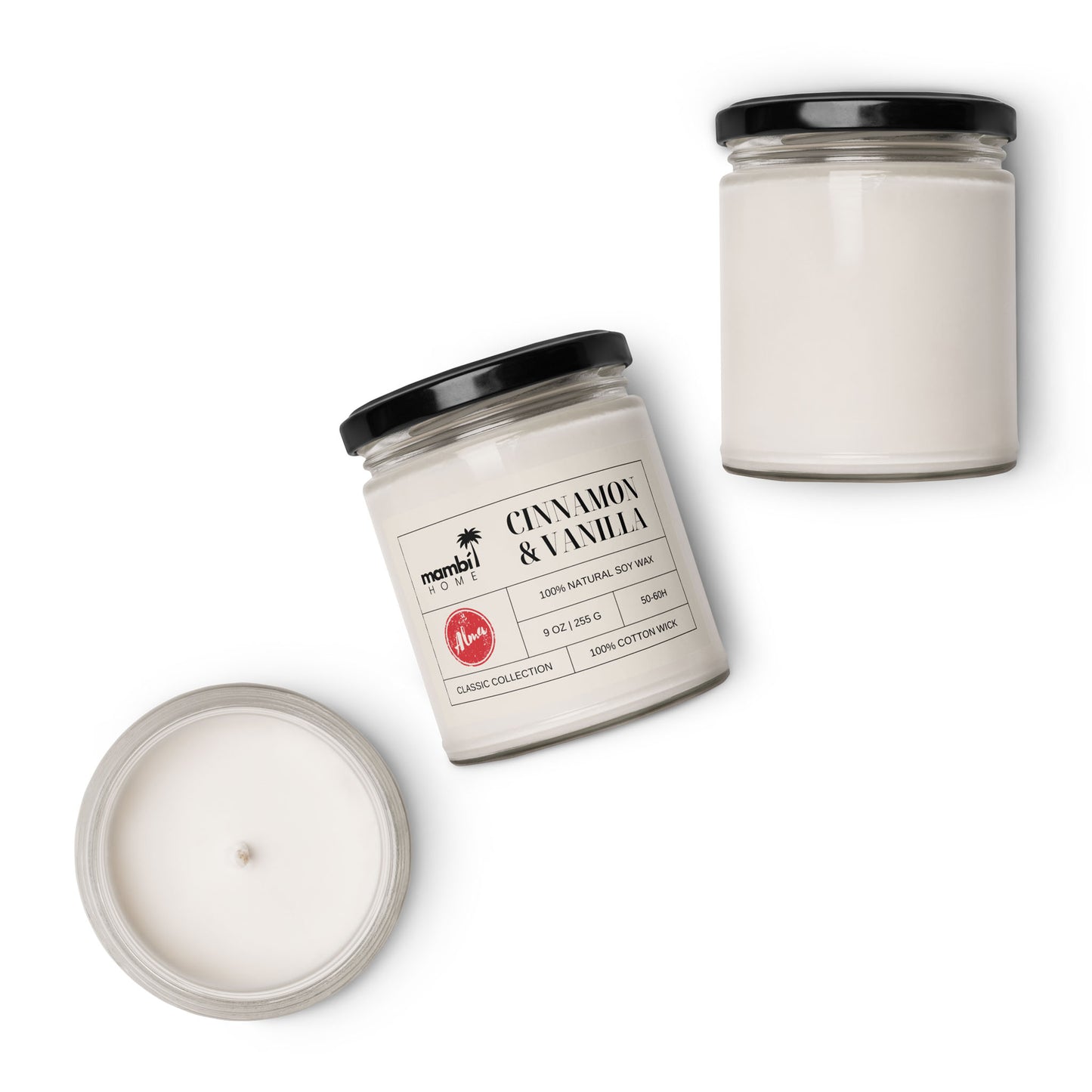 Three glass jars with black lids contain white scented soy candles. One jar is closed, one is open to reveal the candle inside, and one is tilted, displaying a label that reads Cinnamon & Vanilla.