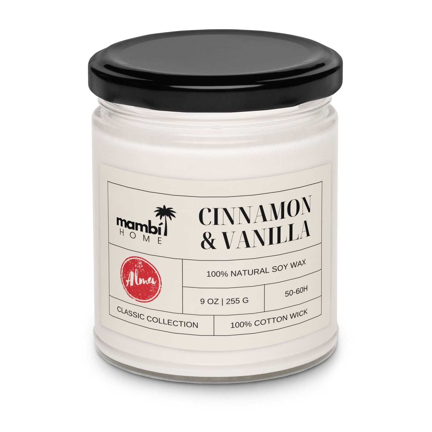 A glass jar candle with a black lid. The label reads “mambi HOME, CINNAMON & VANILLA, 100% NATURAL SOY WAX, 9 OZ, CLASSIC COLLECTION, 100% COTTON WICK, 50-60H.” This natural soy wax candle features a small red circle with Alma inside.