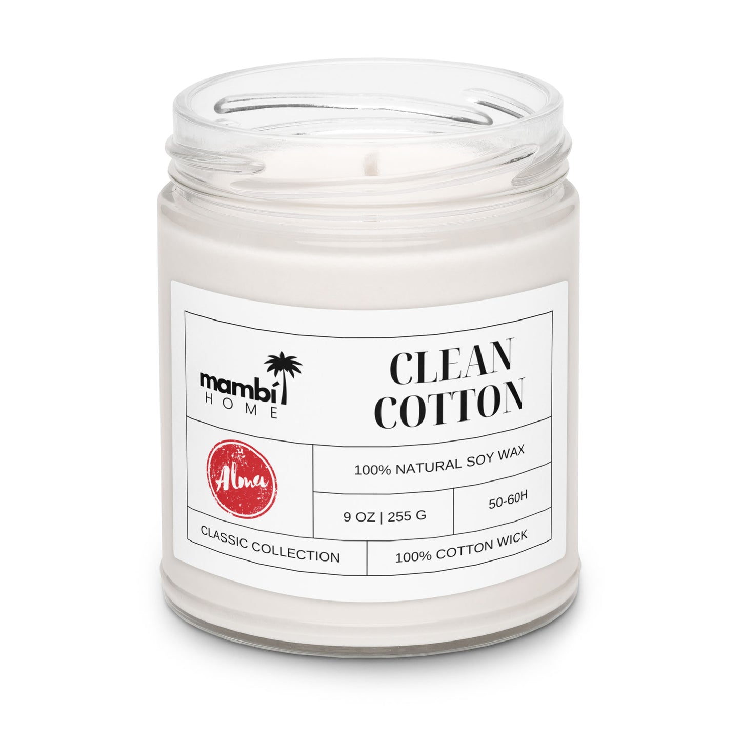 A glass jar candle labeled mambi HOME CLEAN COTTON features 100% natural soy wax, a 100% cotton wick, and a fresh scent. Part of the CLASSIC COLLECTION, these eco-friendly candles offer a 50-60 hour burn time in a 9 oz (255 g) size.