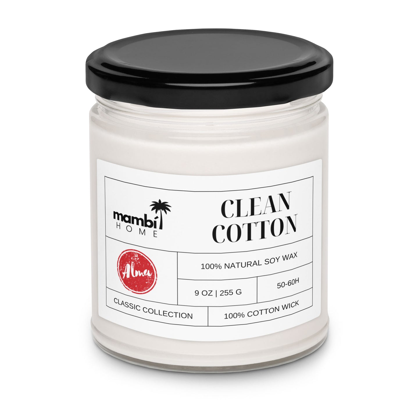 A glass jar candle with a black lid labeled CLEAN COTTON. The label highlights eco-friendly candles made from 100% natural soy wax, with a 9 oz size, 50-60h burn time, 100% cotton wick, and Mambi Home branding.