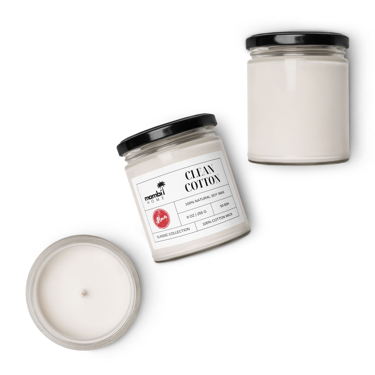 Three white scented soy candles in glass jars with black lids—one upright labeled Clean Cotton, another tipped on its side, and the third viewed from above—offer a stylish display of eco-friendly candles for any space.