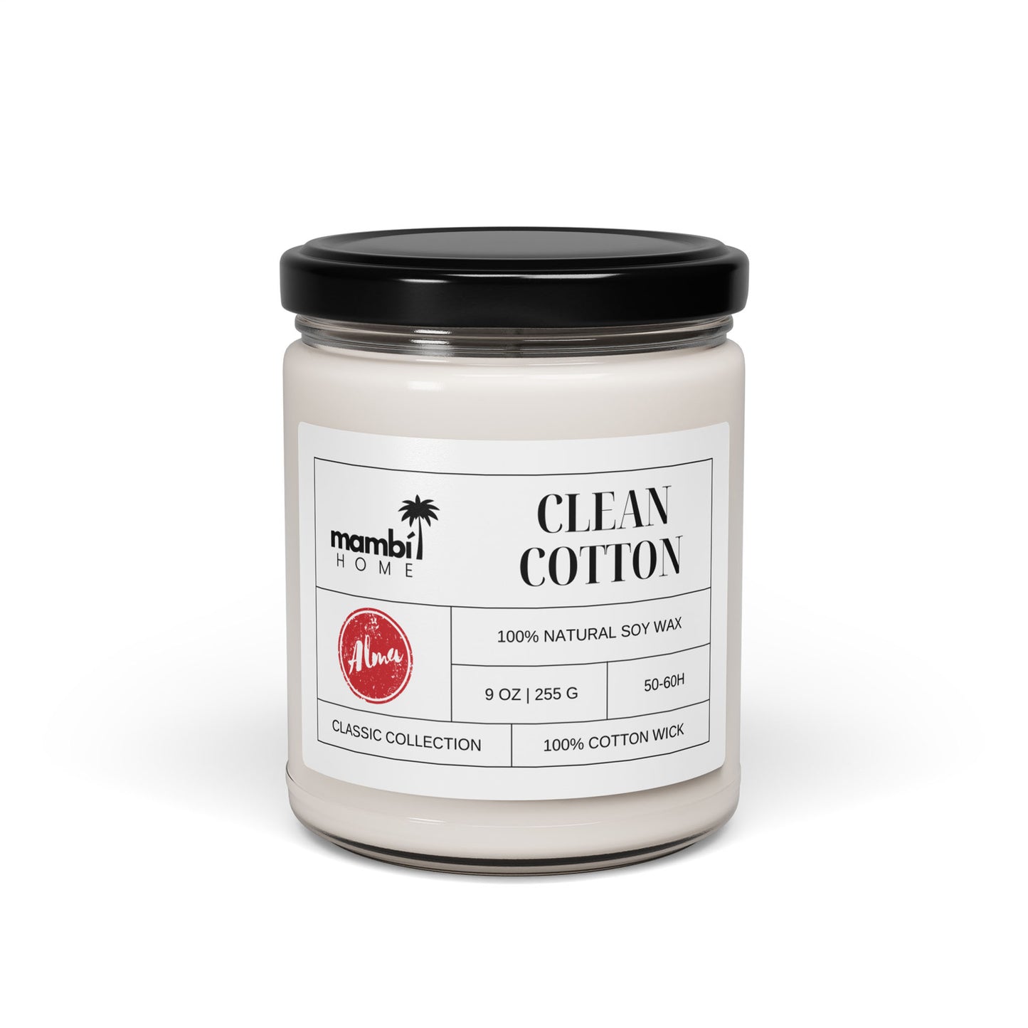 A white scented soy candle in a clear glass jar with a black lid. The label reads Clean Cotton, mambi HOME, and indicates it’s 100% natural soy wax, 9 oz/255g, with a burn time of 50-60 hours—perfect for eco-friendly candles lovers.