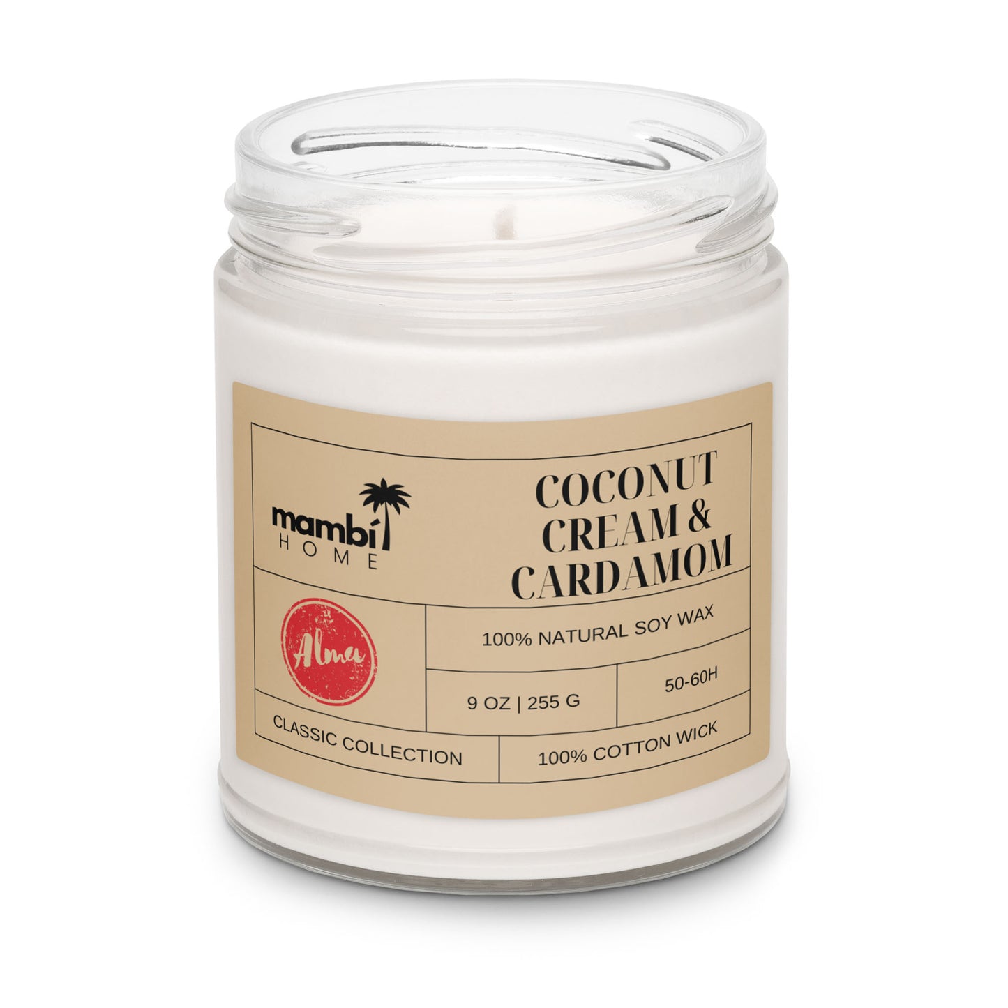 A glass jar candle with a beige label reading mambi HOME Coconut Cream & Cardamom, made with 100% natural soy wax for eco-friendly candles, 9 oz, 50–60h burn time, cotton wick, classic collection.
