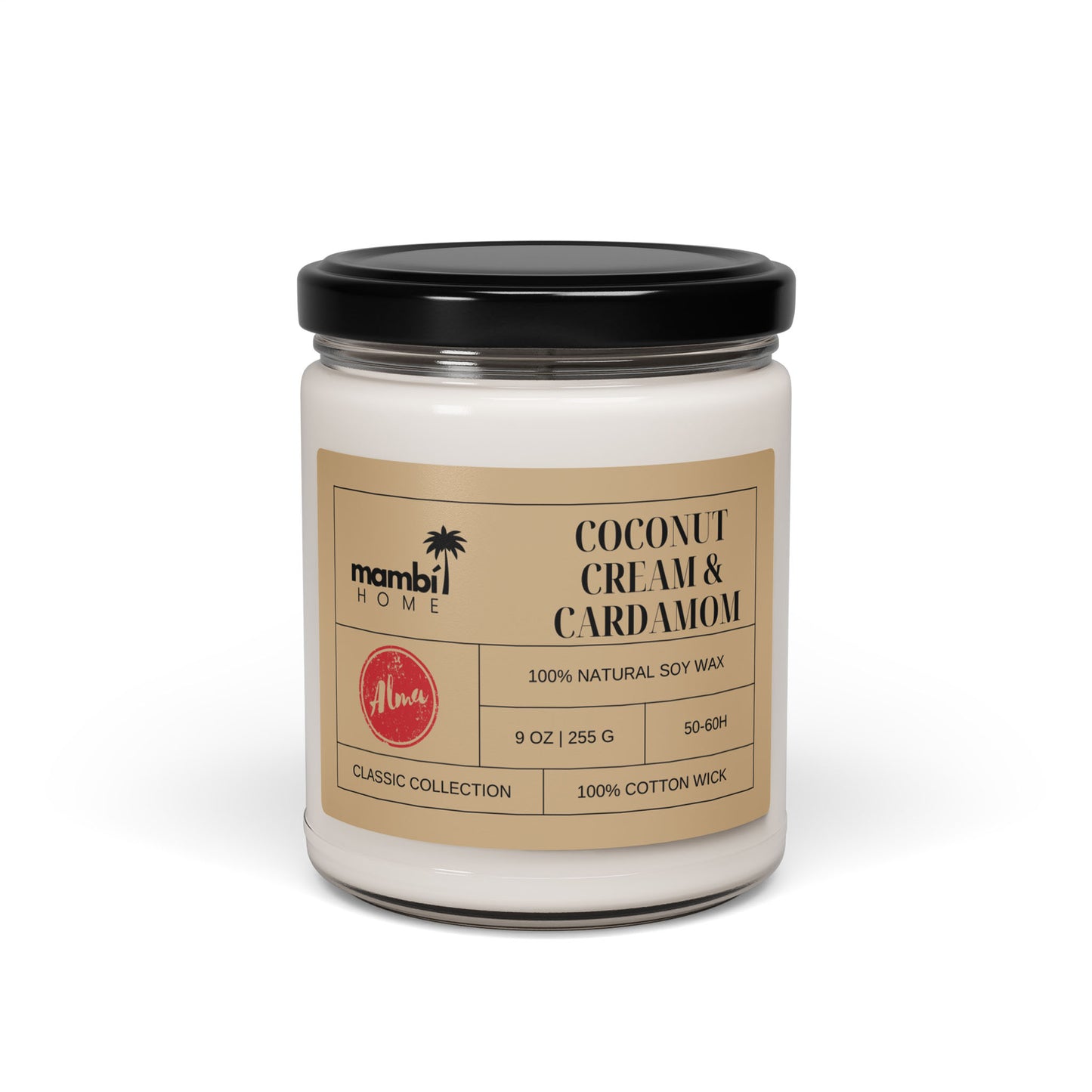 A glass jar candle with a black lid labeled “Coconut Cream & Cardamom.” The beige label highlights scented soy candles made from 100% natural soy wax, 9 oz, classic collection, eco-friendly burn of 50–60 hrs, and a cotton wick.