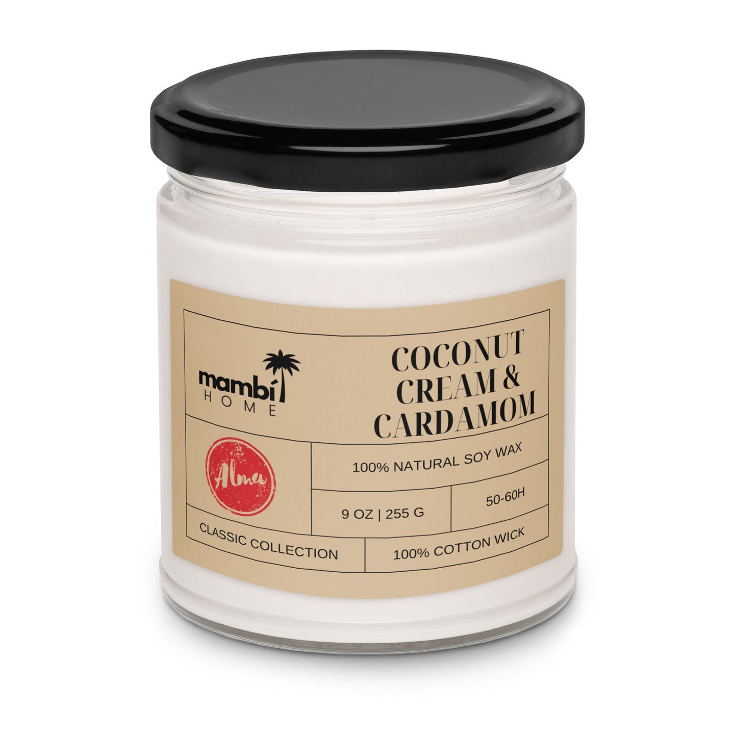 A glass jar candle with a black lid and beige label reads Coconut Cream & Cardamom, highlighting eco-friendly candles made from 100% natural soy wax, along with brand details and a 9 oz weight.