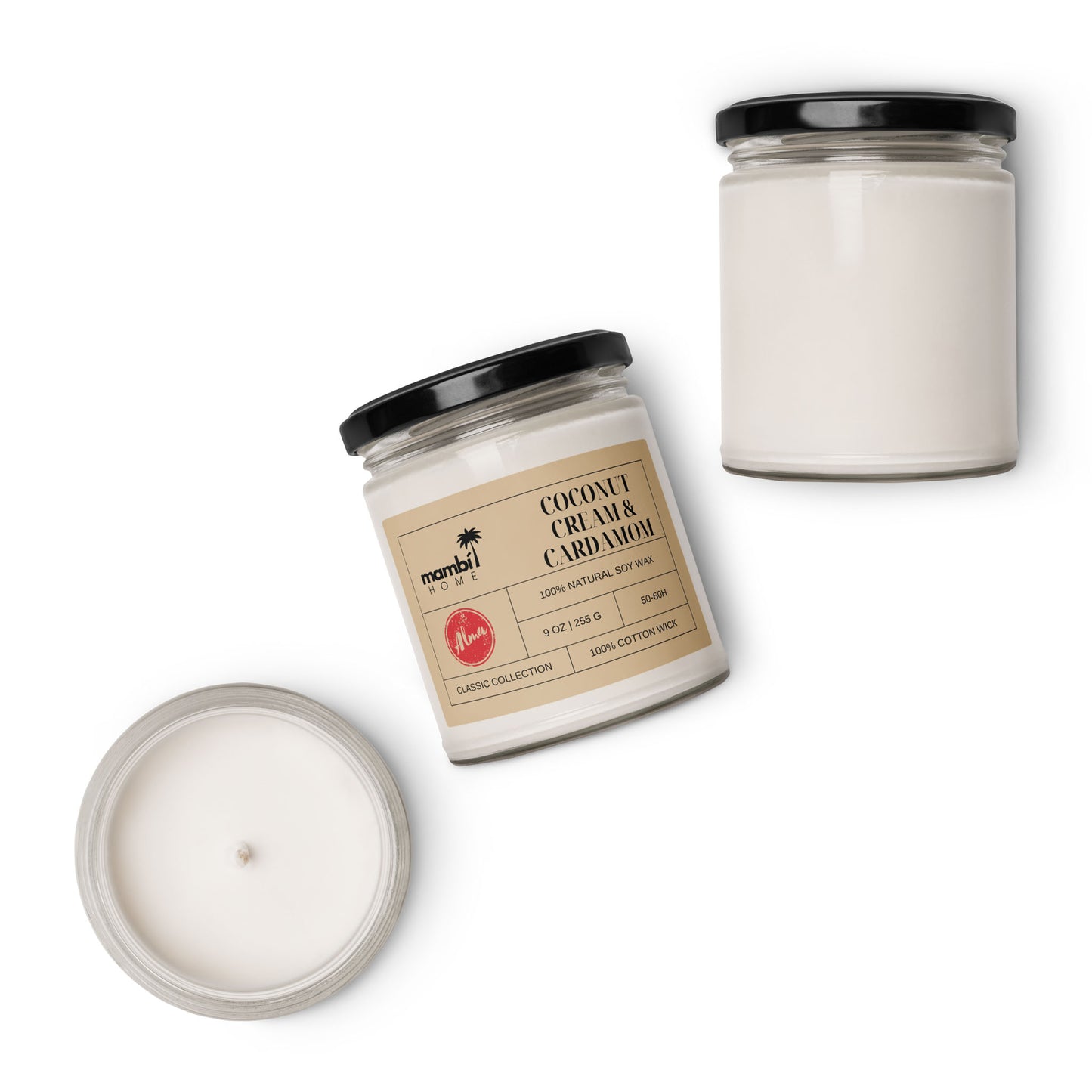 Three white scented soy candles in clear glass jars with black lids are shown. One candle displays a label reading Coconut Cream Cardamom while the other two eco-friendly candles are unlabeled and viewed from different angles.