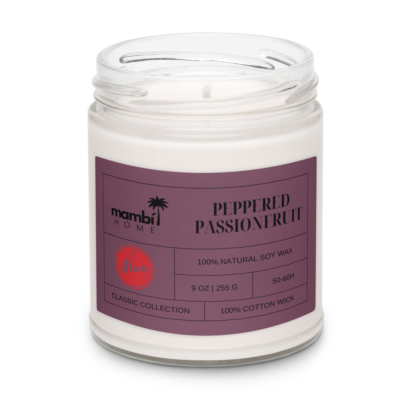A glass jar candle with a purple label that reads mambi HOME, PEPPERED PASSIONFRUIT, 100% NATURAL SOY WAX, 9 OZ | 255 G, 50-60H, CLASSIC COLLECTION, and 100% COTTON WICK—perfect for fans of eco-friendly candles.