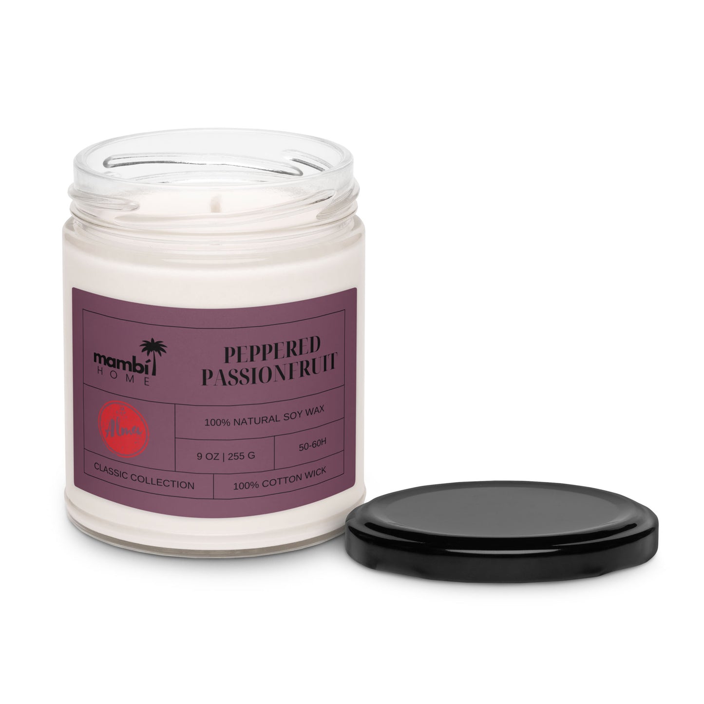 A glass jar candle labeled Peppered Passionfruit with a black lid to the side. Made of natural soy wax, this 9 oz scented soy candle features a 100% cotton wick and promises a delightful, long-lasting aroma.