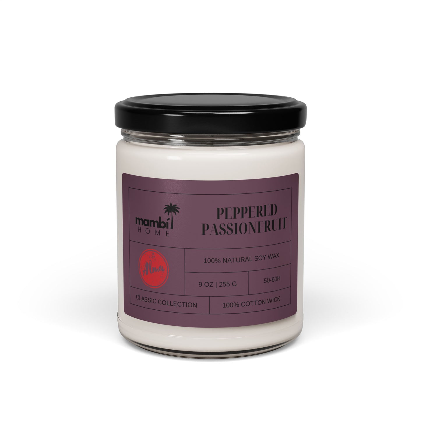 A white scented soy candle in a clear glass jar with a black lid. The label reads PEPPERED PASSIONFRUIT and mambi HOME, highlighting 100% natural soy wax and a 9 oz size—an eco-friendly candle choice for your space.