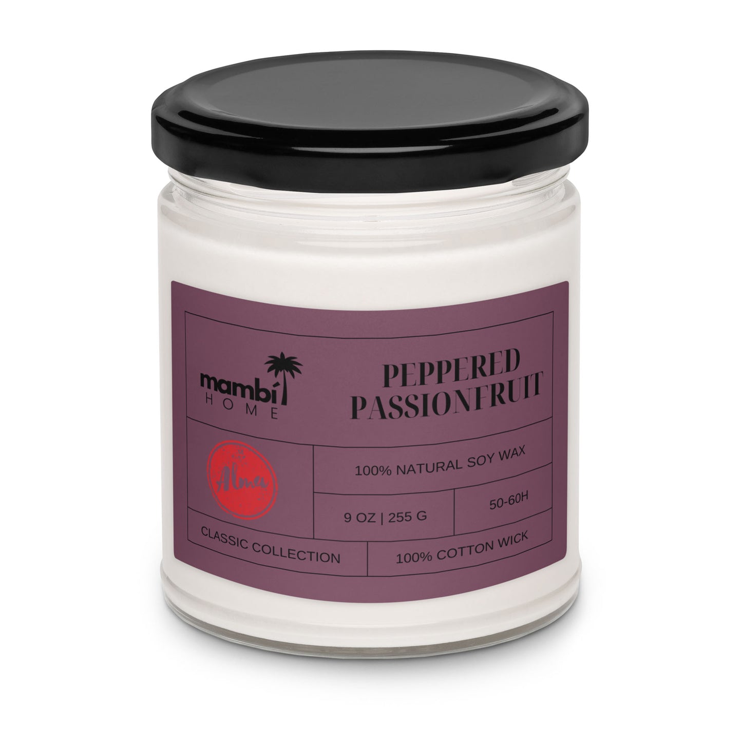 A white scented soy candle in a clear glass jar with a black lid. The mauve label reads PEPPERED PASSIONFRUIT, 100% natural soy wax, 9 OZ, and 100% cotton wick from mambi HOME Classic Collection—perfect for eco-friendly candles lovers.