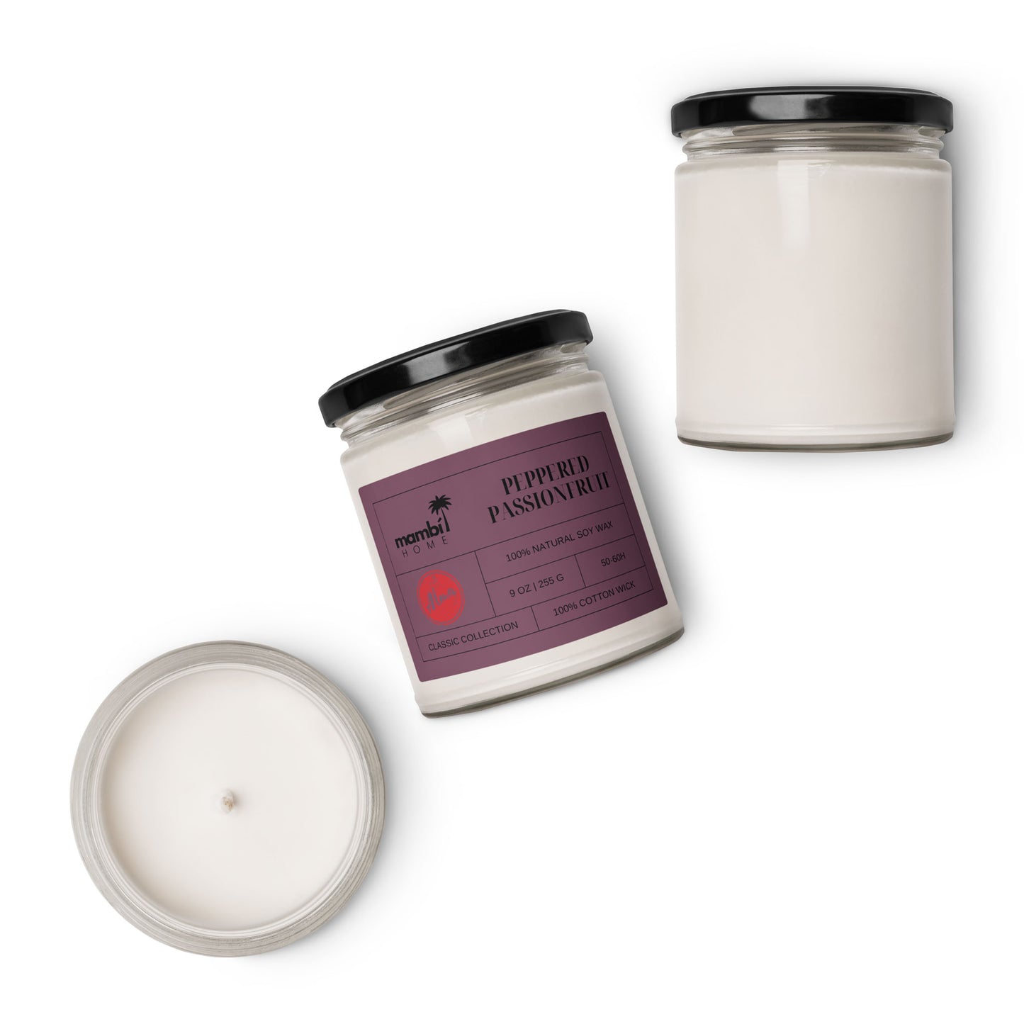 Three white scented soy candles in clear glass jars with black lids. One jar, labeled Pepperd Passionruh with a purple label, highlights natural soy wax candles, while the other two unlabeled jars are shown from different angles.