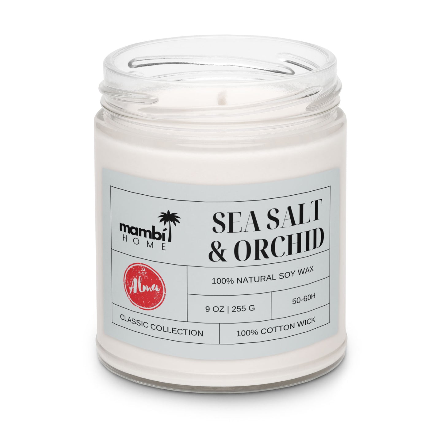 A white scented soy candle in a clear glass jar labeled Sea Salt & Orchid. The label highlights 100% natural soy wax, 9 oz/255 g, 50-60 hr burn time, a cotton wick, and the eco-friendly mambi HOME brand.