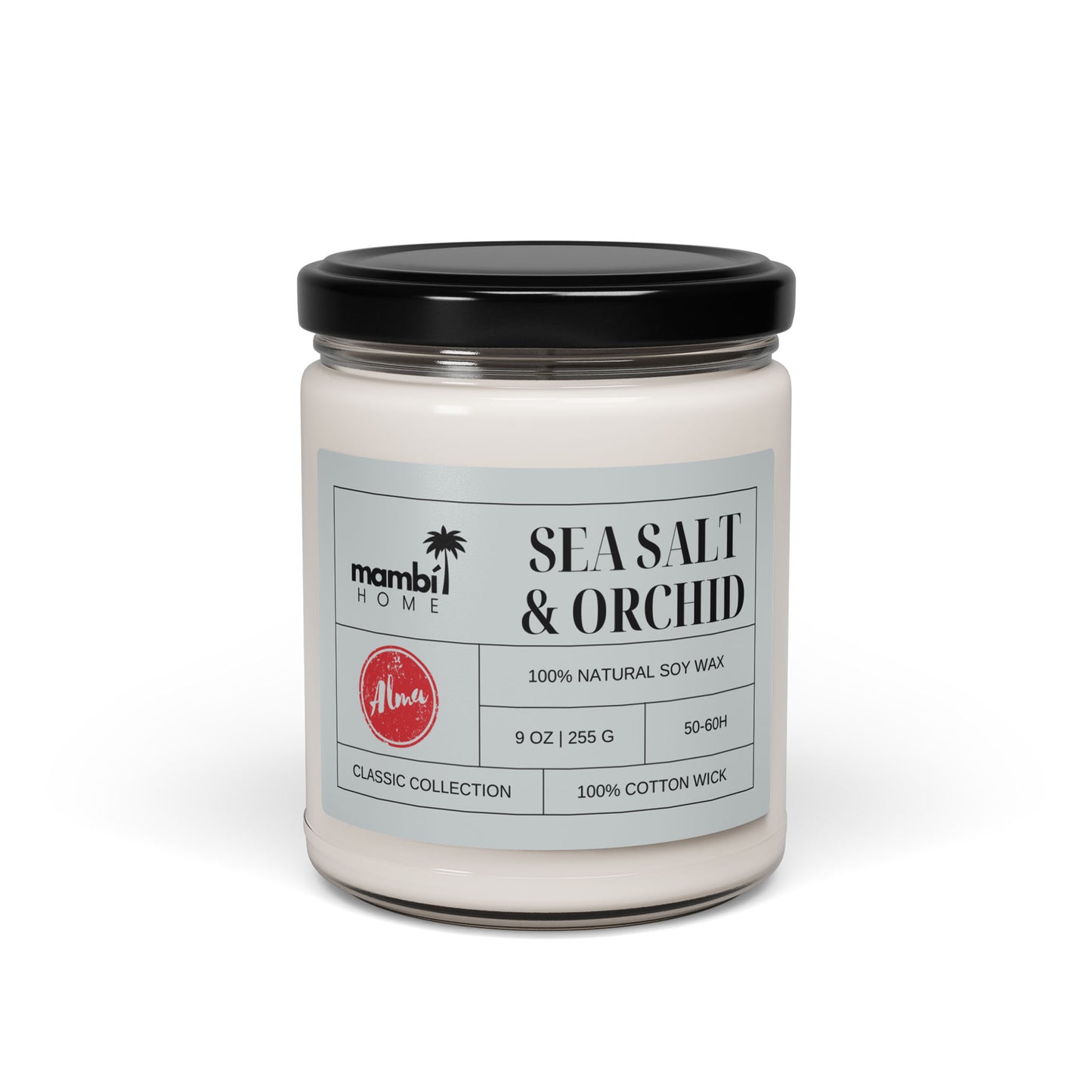 A glass jar candle with a black lid, labeled Sea Salt & Orchid from Mambi Home. This eco-friendly candle features 100% natural soy wax, a 100% cotton wick, 9 oz size, and a 50-60 hour burn time from the classic collection.
