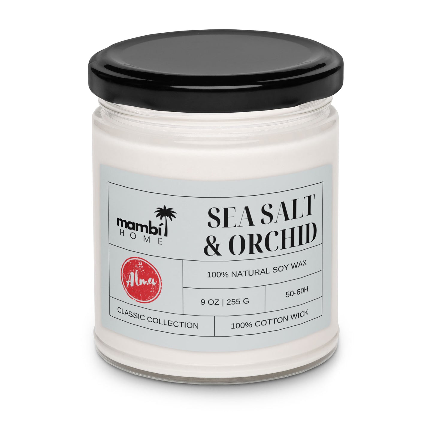 A glass jar candle with a black lid labeled SEA SALT & ORCHID. This scented soy candle features 100% natural soy wax, 9 oz, 50-60h burn time, classic collection, and a cotton wick. Brand: mambi HOME.