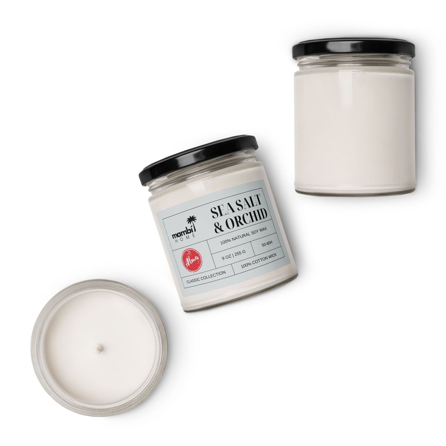 Three white scented soy candles in glass jars with black lids are shown, one lying on its side displaying a Sea Salt & Orchid label, and two shown from the top, revealing the candle wax inside.