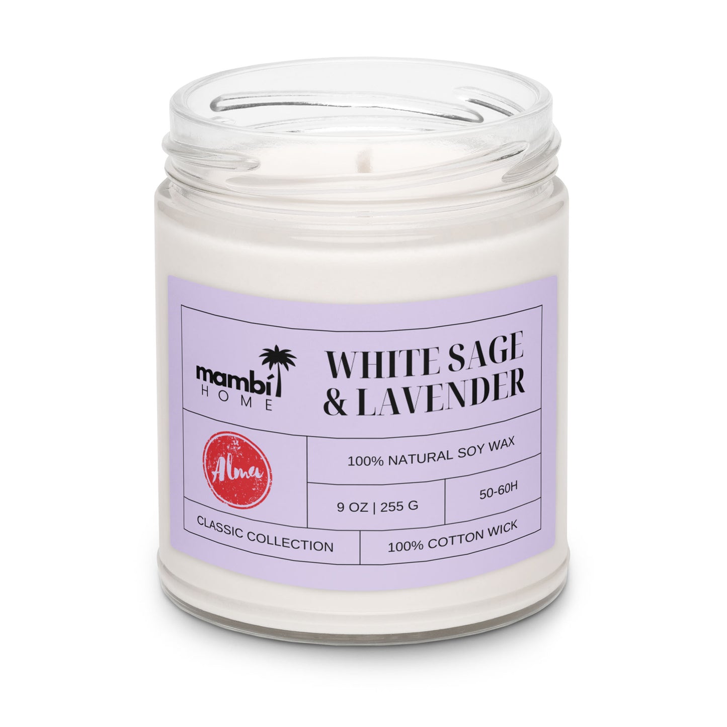 A glass jar candle with a lavender label reading White Sage & Lavender, featuring eco-friendly scented soy candles crafted from 100% natural soy wax, 9 oz (255g), a 50–60h burn time, and a 100% cotton wick.